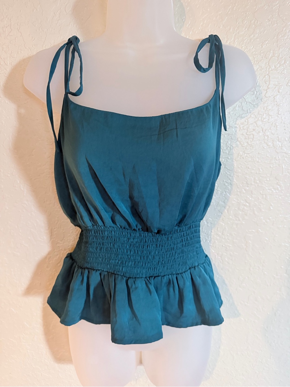 Red Carter Teal Tie-Shoulder Smocked Peplum Tank Top L Satin Feel Cover Up NWT